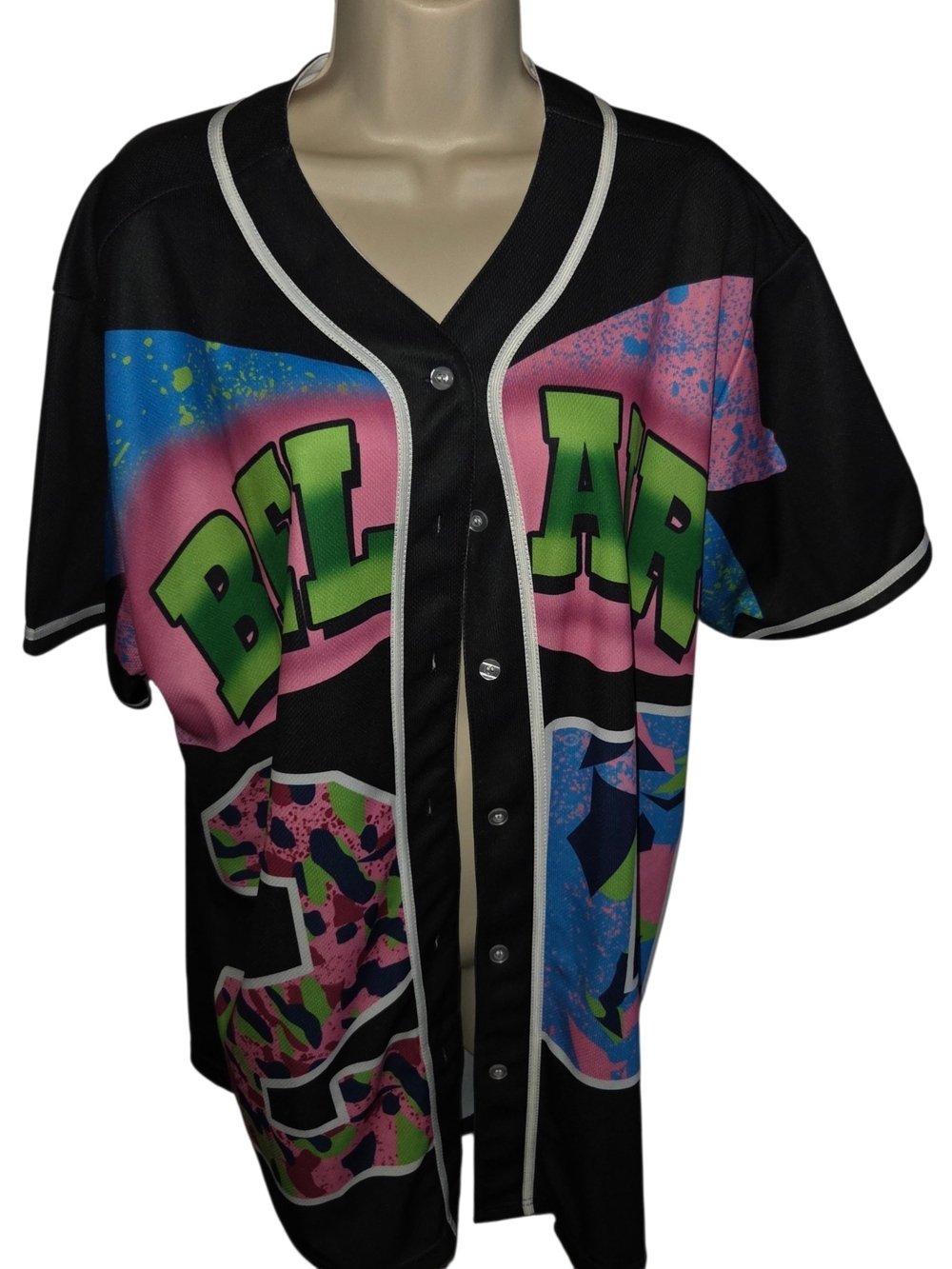 Black Graphic Baseball Jersey with Multicolor Neon Panels